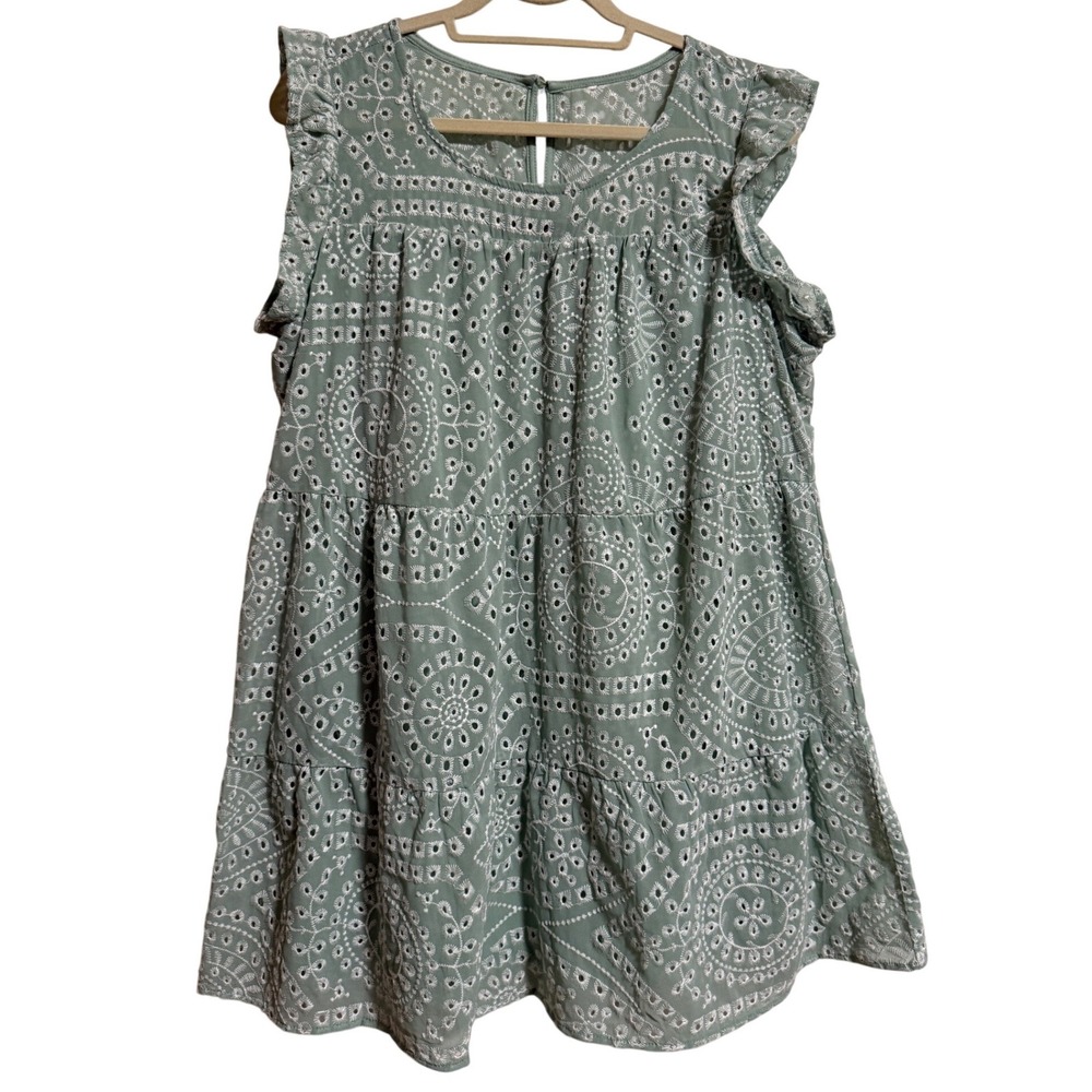 Crystal Doll Sage Green Eyelet Tiered Babydoll Mini Dress Ruffle Sleeve XL